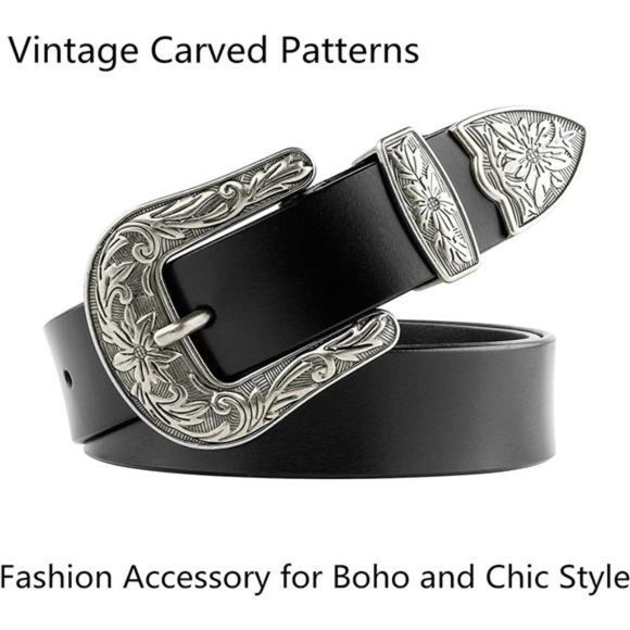 JASGOOD Leather Belts Ladies Vintage Western Design Black Waist Belt